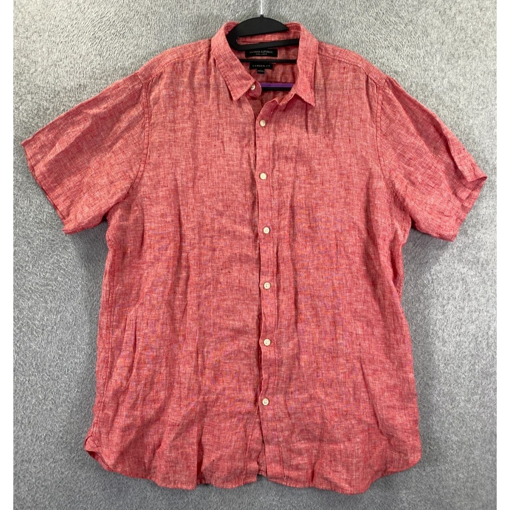 Banana Republic Mens Large Red 100% Linen Camden Fit Short Sleeve Camp Shirt